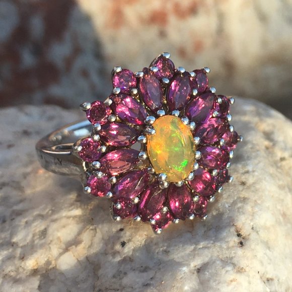 Genuine Opal & Garnet Halo Ring .925 Sterling Silver Natural Gemstones Sz 5 or 7 - Picture 15 of 16